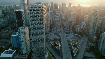 Aerial view of the skyscrapers in Downtown of Vancouver at dawn, Canada video