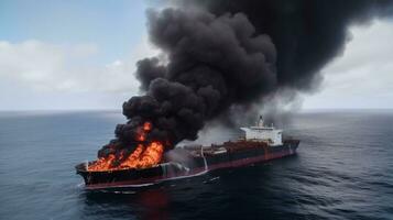 Burning oil cargo tanker in the ocean, sea. Export import of goods. Commercial delivery. AI generated. photo