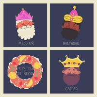 A set of postcards for the day of the Epiphany or the day of the Magic Kings. Traditional Spanish dessert roscon de reyes and three kings Melchor, Gaspar and Balthazar. Vector illustration for design.