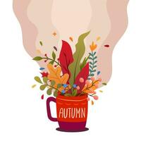 A cup of coffee with leaves sticking out of it. The concept of warm autumn vector