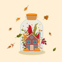 A small house in a glass jar with leaves in the background. Concept of warm autumn vector