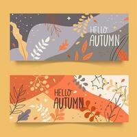 Set of two horizontal banners in warm colors with falling colorful autumn leaves vector