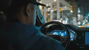 Mann Fahren Auto durch das Straßen von Nacht Stadt. video