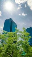 temps laps de des nuages reflétant dans le verre de une grand Bureau bâtiment video