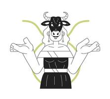 Taurus zodiac sign monochrome concept vector spot illustration. Woman with cow skull on head 2D flat bw cartoon character for web UI design. Astrology isolated editable hand drawn hero image