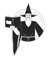 Wizard flat line black white vector character. Magician performing magic by spell book. Editable outline half body person. Simple cartoon isolated spot illustration for web graphic design