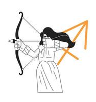 Sagittarius zodiac sign monochrome concept vector spot illustration. Woman holding bow, pulling arrow 2D flat bw cartoon character for web UI design. Astrology isolated editable hand drawn hero image