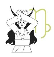 Capricornio zodíaco firmar monocromo concepto vector Mancha ilustración. niña con cuernos cruce palmas 2d plano bw dibujos animados personaje para web ui diseño. astrología aislado editable mano dibujado héroe imagen