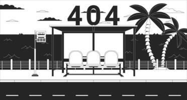 Bus stop bench on twilight waterfront black white error 404 flash message. Waiting bus. Monochrome landing page ui design. Not found cartoon image, dreamy vibes. Vector flat outline illustration