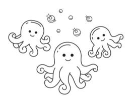 Smiling octopuses with sparkling bubbles monochromatic flat vector characters. Dreamlike sea creatures. Editable thin line full body personages on white. Simple bw cartoon spot image for web design