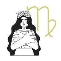 Virgo zodiac sign monochrome concept vector spot illustration. Woman in wreath hugging shoulders 2D flat bw cartoon character for web UI design. Astrology isolated editable hand drawn hero image