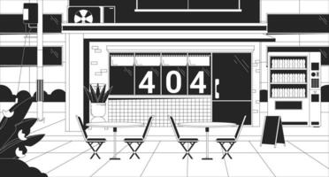 Urban storefront at night black white error 404 flash message. Exterior store, automat. Monochrome landing page ui design. Not found cartoon image, dreamy vibes. Vector flat outline illustration