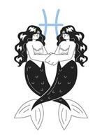 Pisces zodiac sign monochrome concept vector spot illustration. Mermaid tails entwining. Hugging. 2D flat bw cartoon characters for web UI design. Astrology isolated editable hand drawn hero image