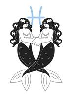 Pisces zodiac sign monochrome concept vector spot illustration. Mermaid tails entwining. Hugging. 2D flat bw cartoon characters for web UI design. Astrology isolated editable hand drawn hero image