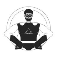 Superhero flat line black white vector character. Powerful man in mask. Hands on waist. Editable outline half body person. Simple cartoon isolated spot illustration for web graphic design