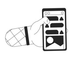 Smartphone in hand bw concept vector spot illustration. Screen. Notifications on phone display 2D cartoon flat line monochromatic hand for web UI design. Editable isolated outline hero image