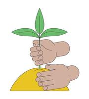 Hands planting plant in soil flat line concept vector spot illustration. Gardening 2D cartoon outline hand on white for web UI design. Editable isolated color hero image