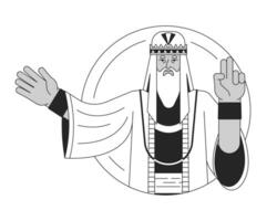 Bearded wise man flat line black white vector character. Showing getures. Traditional clothes. Editable outline half body person. Simple cartoon isolated spot illustration for web graphic design