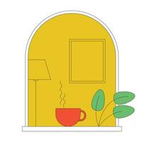 acogedor ventana plano línea concepto vector Mancha ilustración. caliente bebida taza y planta de casa 2d dibujos animados contorno objeto en blanco para web ui diseño. editable aislado color héroe imagen