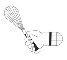 Whipping whisk in hand bw concept vector spot illustration. Cooking steel utensil 2D cartoon flat line monochromatic hand for web UI design. Editable isolated outline hero image