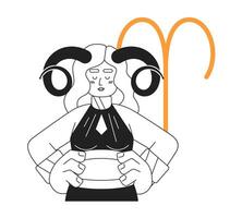 Aries zodiac sign monochrome concept vector spot illustration. Pretty woman with twisted horns 2D flat bw cartoon character for web UI design. Astrology isolated editable hand drawn hero image