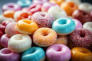 Photo-realistic of colorful candies in aerial view for background made by AI generated photo