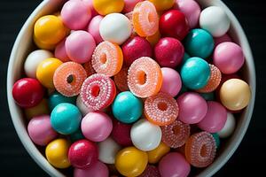 Photo-realistic of colorful candies in aerial view for background made by AI generated photo