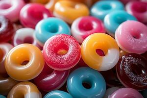 Photo-realistic of colorful candies in aerial view for background made by AI generated photo