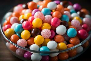 Photo-realistic of colorful candies in aerial view for background made by AI generated photo