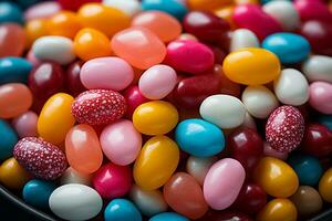 Photo-realistic of colorful candies in aerial view for background made by AI generated photo