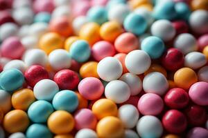 Photo-realistic of colorful candies in aerial view for background made by AI generated photo