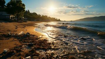 photo-realistic of dirty beach at afternoon with so much garbage AI generated photo