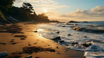 photo-realistic of dirty beach at afternoon with so much garbage AI generated photo
