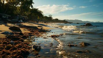 foto-realista de sucio playa a tarde con entonces mucho basura ai generado foto