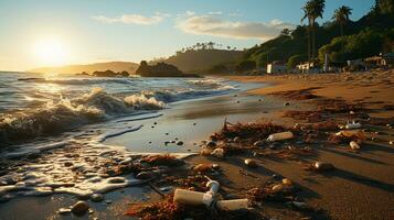 foto-realista de sucio playa a tarde con entonces mucho basura ai generado foto