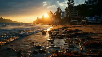 photo-realistic of dirty beach at afternoon with so much garbage AI generated photo