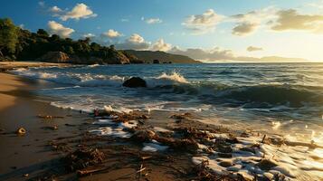 photo-realistic of dirty beach at afternoon with so much garbage AI generated photo