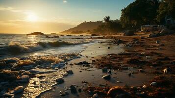 photo-realistic of dirty beach at afternoon with so much garbage AI generated photo