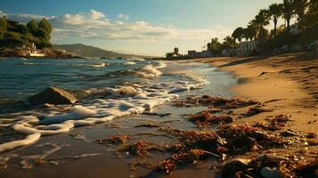 photo-realistic of dirty beach at afternoon with so much garbage AI generated photo