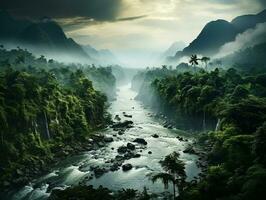 aéreo ver de lluvia bosque a el luz ai generativo foto