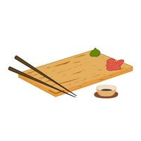 Empty sushi tray with chopsticks, soy sauce, wasabi, ginger. Wooden for roll. Vector illustration.