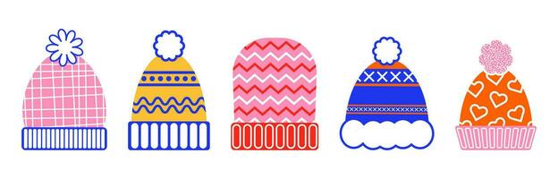 Set of winter hats. Vector clip art in flat style. Winter accessories. Drawing on a white isolated background.