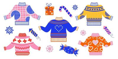 A set of winter sweaters with a pattern. Winter accessories in flat style. Vector illustration of a sweater in bright warm colors.