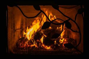 Fire flames in fireplace background photo