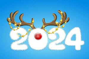 Cute fluffy white cartoon 2024 new year number with deer horns and red nose. Christmas, new year concept vector