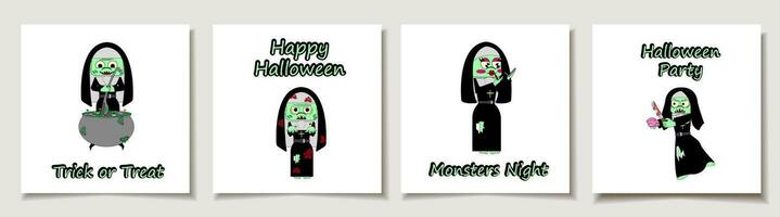 Set of Halloween cards with Set of four cartoon zombie nun . Halloween costume concept. Greeting cards with Magic items. vector
