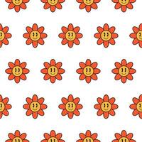 Retro hippie seamless pattern, smiley flowers, vector. vector