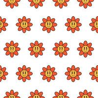 Retro hippie seamless pattern, smiley flowers, vector. vector