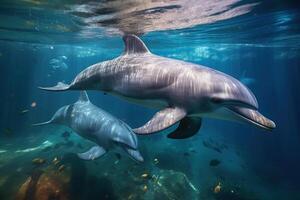 delfines nadar, submarino fotografía ai generativo foto