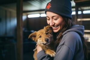 trabajar como voluntario a un animal refugio, expresando amor y Dedicación mientras cuidando para mascota ai generativo foto